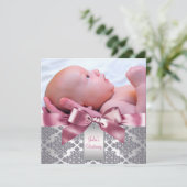 Roze Damask Baby Meisje Foto Doop Kaart (Staand voorkant)