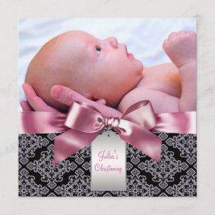 Roze Damask Baby Meisje Foto Doop Kaart