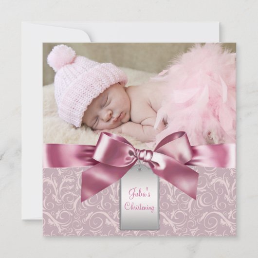 Roze Damask Baby Meisje Foto Doop Kaart (Voorkant)