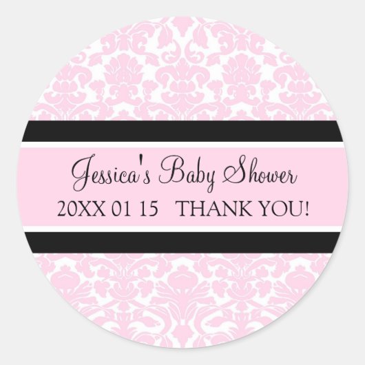 Roze Damask Baby shower Favor Stickers (Voorkant)