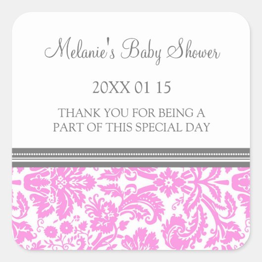 Roze Damask Baby shower Favor Stickers (Voorkant)