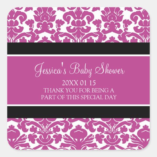 Roze Damask Baby shower Favor Stickers (Voorkant)