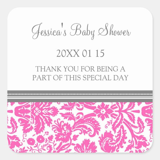 Roze Damask Baby shower Favor Stickers (Voorkant)