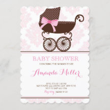 Roze Damask Baby shower Girl-uitnodigingen