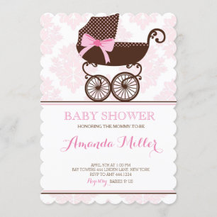 Roze Damask Baby shower Girl-uitnodigingen Kaart