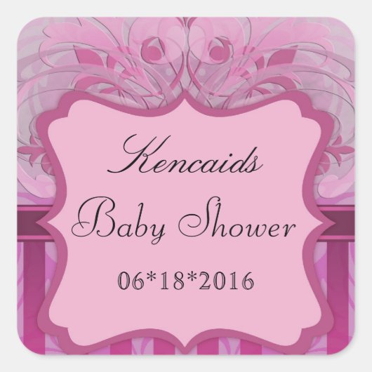 Roze Damask Baby shower Square Sticker (Voorkant)