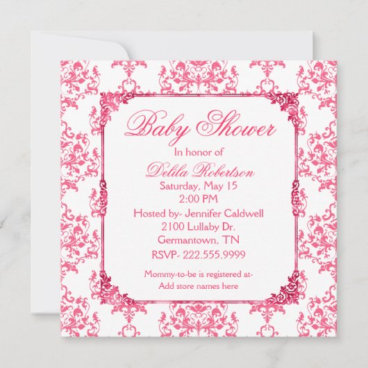 Roze Damask Baby shower Uitnodiging (Voorkant)