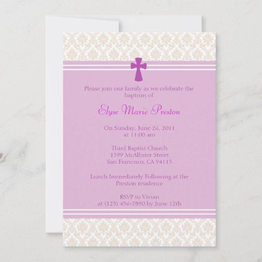 Roze Damask Baptism/Christening Invitation Kaart (Voorkant)
