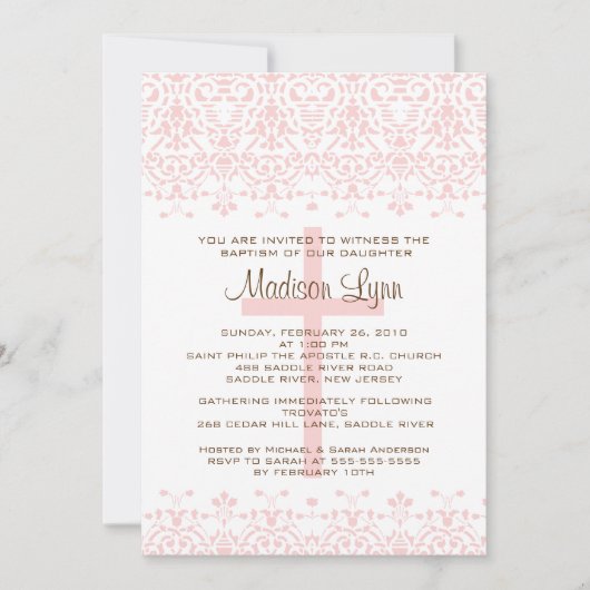 Roze Damask Baptism Invitation Kaart (Voorkant)