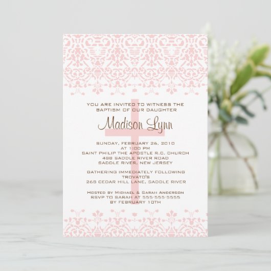 Roze Damask Baptism Invitation Kaart (Staand voorkant)