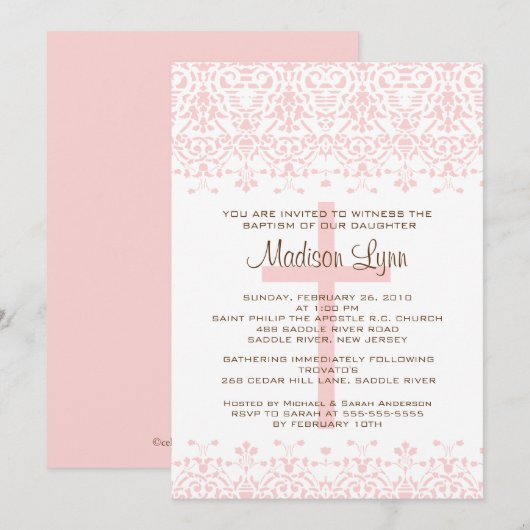 Roze Damask Baptism Invitation Kaart (Voorkant / Achterkant)