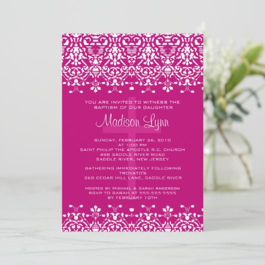 Roze Damask Baptism Invitation Kaart (Staand voorkant)