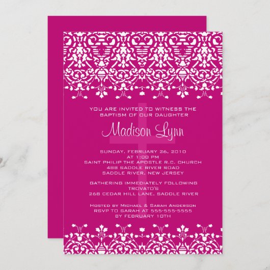 Roze Damask Baptism Invitation Kaart (Voorkant / Achterkant)