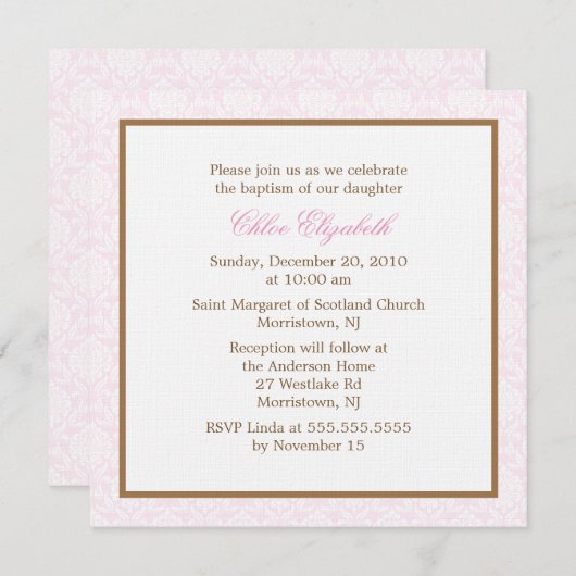 Roze Damask Baptisme-uitvindingen Kaart (Voorkant / Achterkant)
