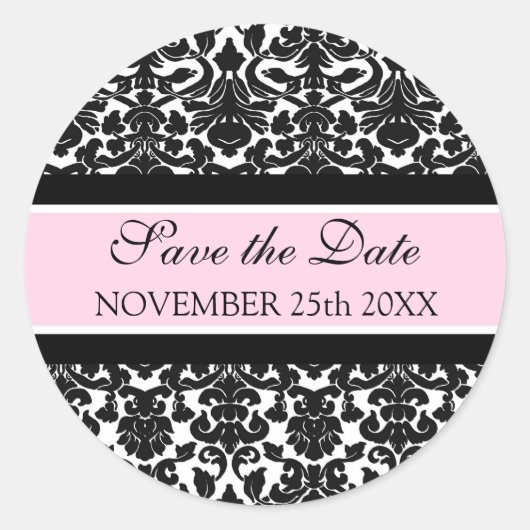 Roze Damask Bewaar de Date Envelope Seal Ronde Sticker (Voorkant)