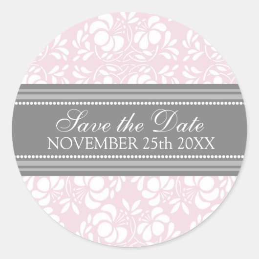 Roze Damask Bewaar de Date Envelope Seal Ronde Sticker (Voorkant)