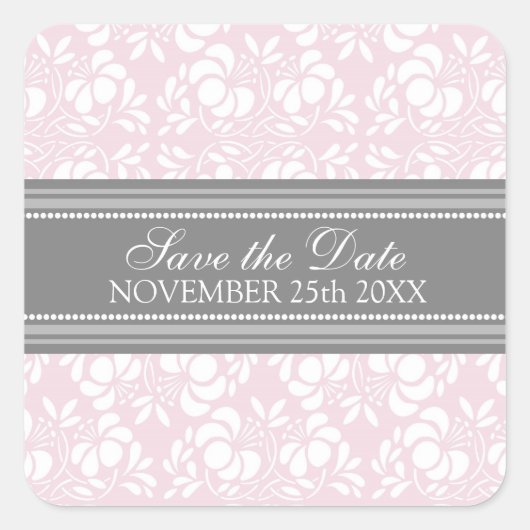 Roze Damask Bewaar de Date Envelope Seal Vierkante Sticker (Voorkant)