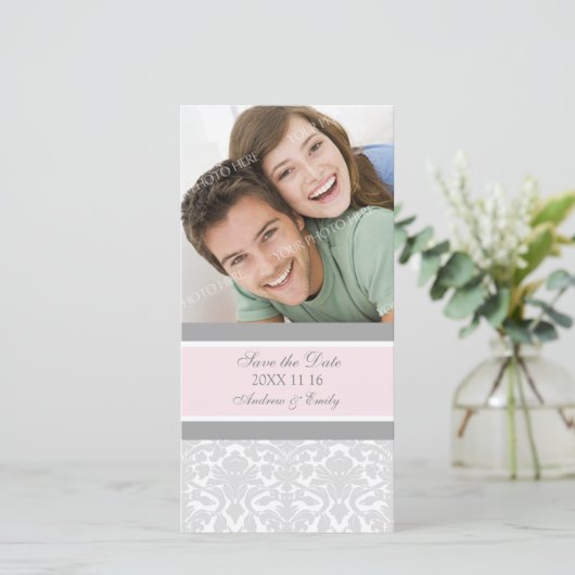 Roze Damask Bewaar de datum bruiloft fotokaarten Save The Date (Staand voorkant)
