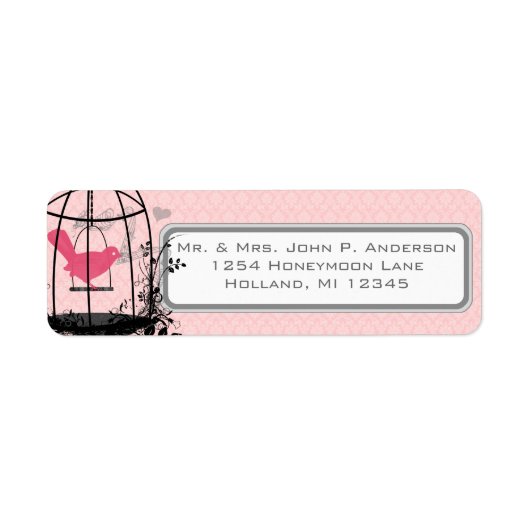 Roze Damask Bird Cage Musical Notes and Heart Etiket (Voorkant)