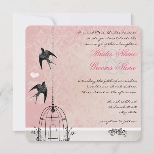 Roze Damask Birdcage Save the Date (Voorkant)