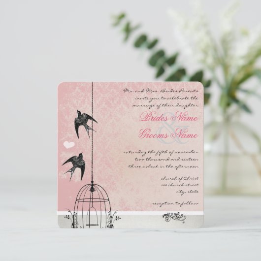  Roze Damask Birdcage Save the Date (Staand voorkant)