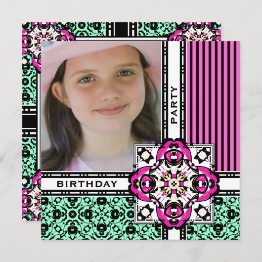  Roze Damask Birthday Party Invitations Kaart (Voorkant / Achterkant)
