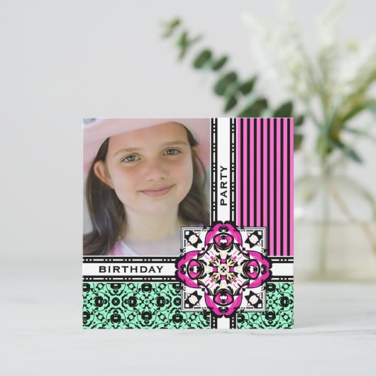  Roze Damask Birthday Party Invitations Kaart (Staand voorkant)