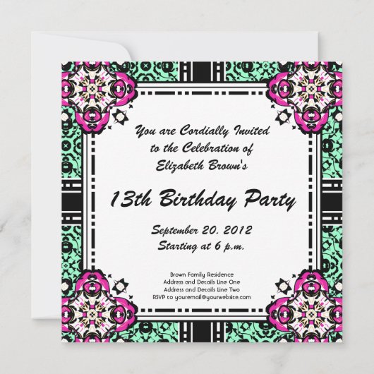  Roze Damask Birthday Party Invitations Kaart (Achterkant)