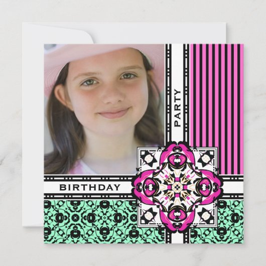  Roze Damask Birthday Party Invitations Kaart (Voorkant)