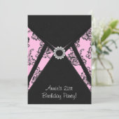 Roze Damask Black 21ste verjaardag Uitnodiging (Staand voorkant)
