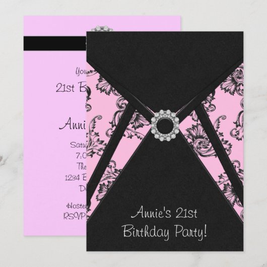 Roze Damask Black 21ste verjaardag Uitnodiging (Voorkant / Achterkant)