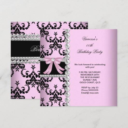 Roze Damask Black Jewel Bow Birthday Party Kaart (Voorkant / Achterkant)