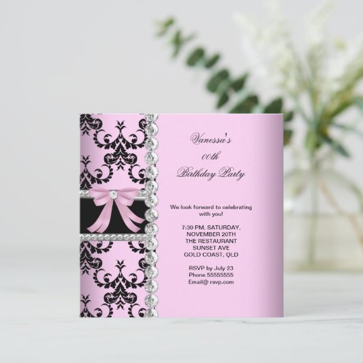 Roze Damask Black Jewel Bow Birthday Party Kaart (Staand voorkant)
