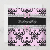 Roze Damask Black Jewel Bow Birthday Party Kaart (Achterkant)