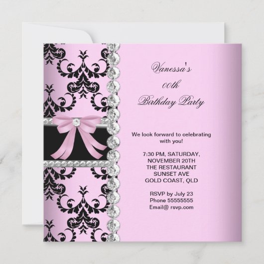 Roze Damask Black Jewel Bow Birthday Party Kaart (Voorkant)