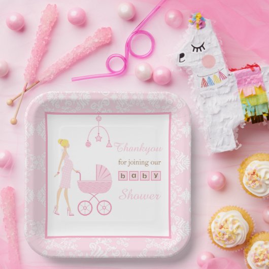 Roze Damask Blonde Baby shower Papieren Bordje (Feest)