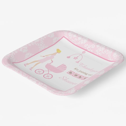 Roze Damask Blonde Baby shower Papieren Bordje (Gebogen)