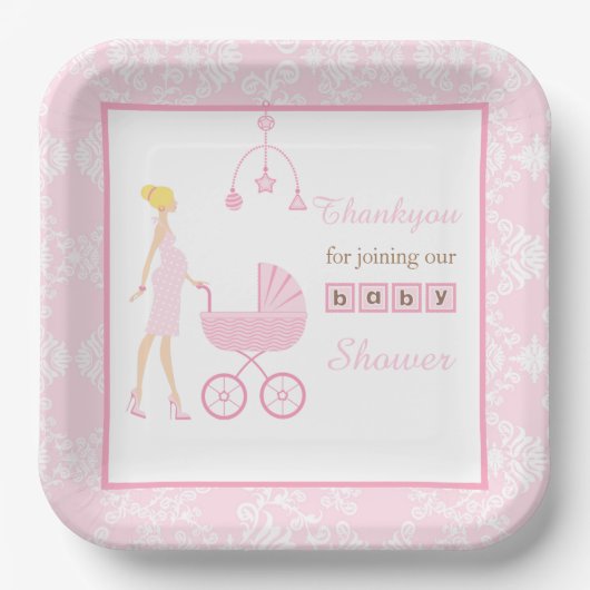 Roze Damask Blonde Baby shower Papieren Bordje (Voorkant)