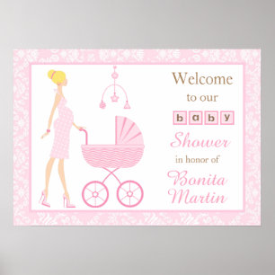 Roze Damask Blonde Baby shower Poster