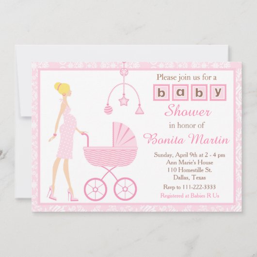 Roze Damask Blonde die verwacht dat Baby shower me Kaart (Voorkant)