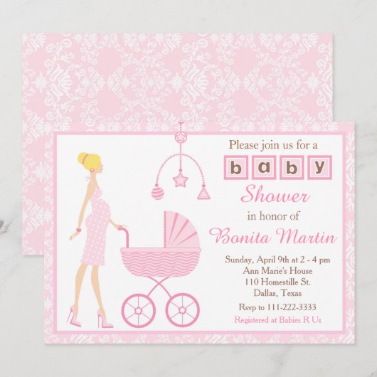 Roze Damask Blonde die verwacht dat Baby shower me Kaart (Voorkant / Achterkant)