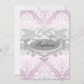 Roze Damask & Bow Baptism Invitation Kaart (Voorkant)