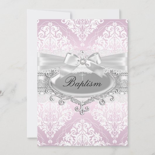  Roze Damask & Bow Baptism Invitation Kaart (Voorkant)