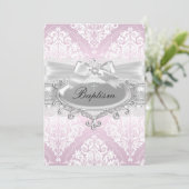 Roze Damask & Bow Baptism Invitation Kaart (Staand voorkant)