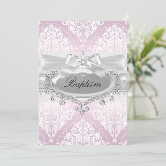  Roze Damask & Bow Baptism Invitation Kaart (Staand voorkant)