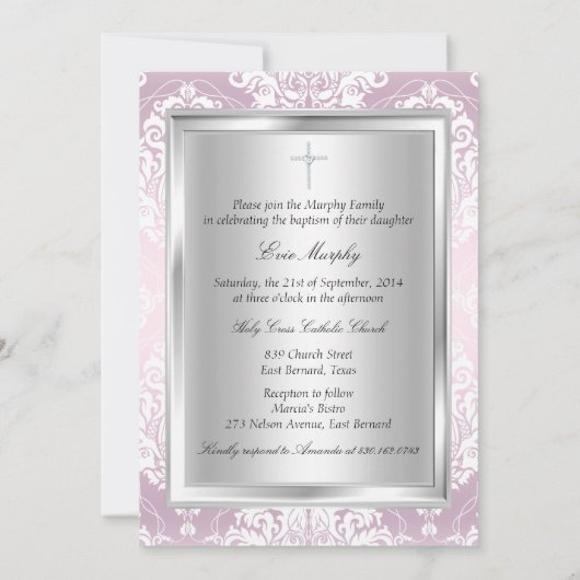 Roze Damask & Bow Baptism Invitation Kaart (Achterkant)