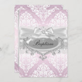 Roze Damask & Bow Baptism Invitation Kaart (Voorkant / Achterkant)