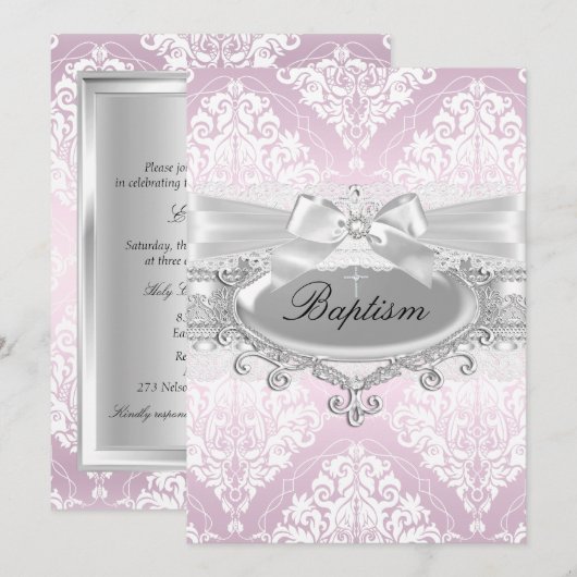 Roze Damask & Bow Baptism Invitation Kaart (Voorkant / Achterkant)