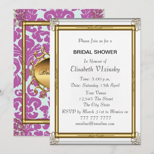Roze Damask Bridal Shower Invitation Kaart (Voorkant / Achterkant)