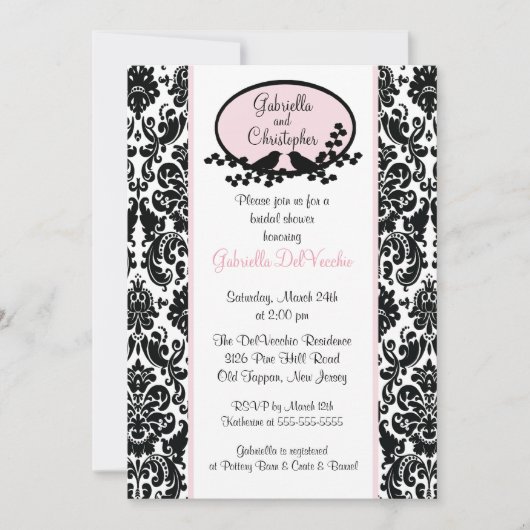 Roze Damask Bridal Shower Invitation Kaart (Voorkant)